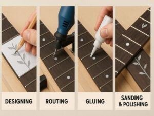 Four-step visual showing the fretboard inlay process: designing, routing, gluing, and sanding or polishing.