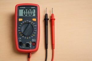Digital multimeter with red and black test probes on a light wooden surface, display showing 0.00 and rotary dial centered.