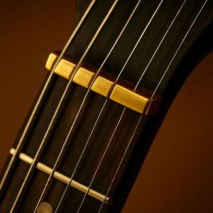 Bold metallic brass nut gleaming on dark neck, under warm light, reflecting uniqueness.