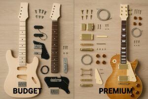 A side-by-side comparison photo — one budget DIY guitar kit (unassembled) vs. a premium kit with higher-quality parts laid out.
