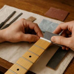 Builder’s hands fitting or sanding a nut on a guitar neck at a workbench, tools visible (files, sandpaper, cloth)