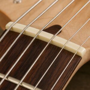 Close-up macro shot of an electric guitar nut and first few frets, showing strings seated neatly in nut slots.