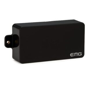 Studio photo of a black EMG 81 active humbucker pickup showing the smooth rectangular cover, side mounting tab, and EMG logo on a clean white background.
