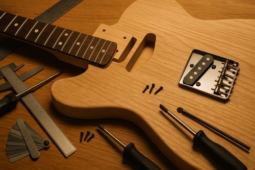 Warm close-up of an electric guitar on a luthier workbench with the neck lifted from the pocket, screws nearby, and the bridge resting in place for alignment. Straightedge, feeler gauges, calipers, and screwdrivers arranged neatly under soft workshop lighting.