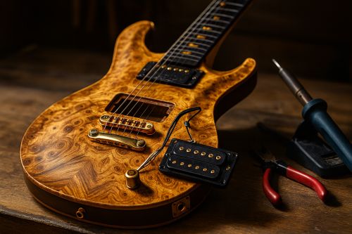Burl-top electric guitar on a luthier bench with a humbucker pickup hanging out of the cavity during installation, surrounded by clean tools in warm workshop lighting.