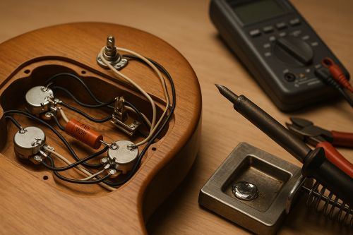 Warm, realistic close-up of an electric guitar’s open wiring cavity showing pots, capacitor, switch, and wires, with a soldering iron, multimeter, and wire cutters on a clean bench.