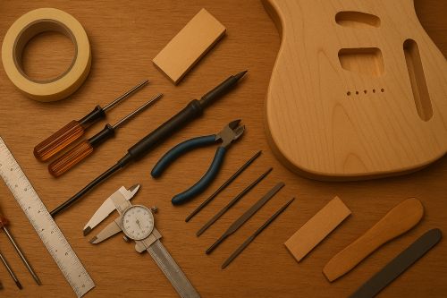 Warm close-up of essential guitar kit-building tools neatly arranged on a wooden workbench, including screwdrivers, calipers, files, wire cutters, masking tape, a soldering iron, and a Tele-style unfinished guitar body partially in frame under soft workshop lighting.