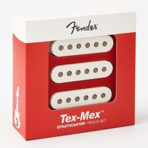 Product photo of the Fender Tex-Mex Stratocaster pickup set in white, showing three single-coil pickups inside the red retail box with the Fender logo on a white top panel.