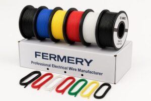 Six-color set of 22 AWG silicone electrical wire spools displayed on a white box, with matching wire samples arranged in front. No text overlay.