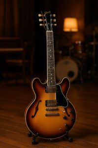 A semi-hollow ES guitar, warm lighting, jazz setting.