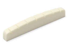 Graph Tech TUSQ XL pre-slotted guitar nut, ivory-colored with six evenly spaced string slots, shown on a white background.