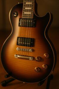 Finished guitar on stand, focus on pickups & knobs glowing under warm light
