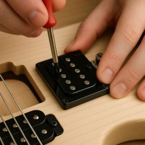 Close-up adjusting pickup height with screwdriver & strings on