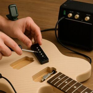 Builder tapping pickup pole with screwdriver while guitar plugged into small amp