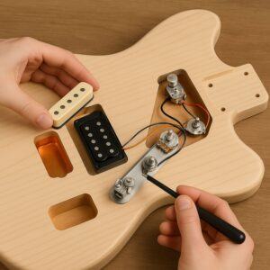 Builder holding pickups and pots loosely in body cavities before wiring