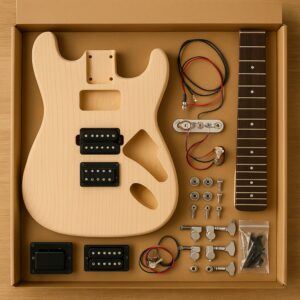 Boxed guitar kit with pickups, pots, switch, jack, and wiring harness laid out neatly