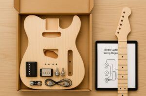 Example wiring diagram on paper/tablet next to parts