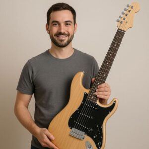 Proud builder holding completed guitar, smiling in workshop