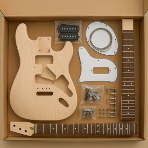 A boxed DIY electric guitar kit with all parts laid out neatly (body, neck, hardware, wiring).