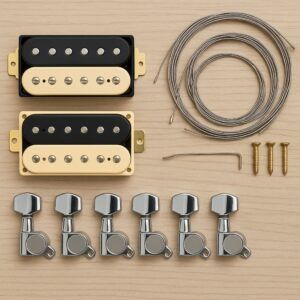 Shot of pickups, strings, and tuners laid out as upgrade parts.