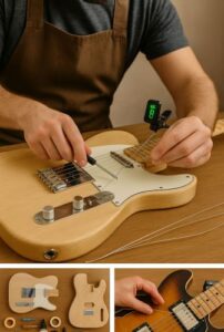 Builder stringing guitar, adjusting bridge saddles with screwdriver, tuner clipped to headstock
