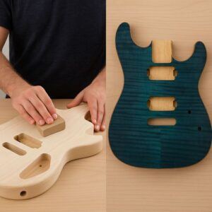 Builder sanding a bare wood guitar body. Another shot: a stained or painted finish with masking tape protecting cavities.