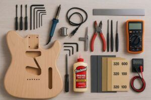 Flat lay of essential tools and materials for crafting an electric guitar kit, including a natural wood guitar body, Allen wrenches, soldering iron, wire cutters, clamps, Titebond wood glue, sandpaper sheets, fret leveling tools, and a digital multimeter, all neatly arranged on a light wooden workbench.