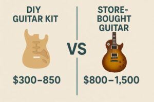 Infographic comparing costs of a DIY guitar kit versus a store-bought guitar. The DIY kit shows a blank guitar body labeled $300–850, while the store-bought guitar shows a finished electric guitar labeled $800–1,500.
