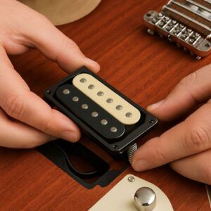 Hands lowering a pickup into cavity, with springs or foam underneath