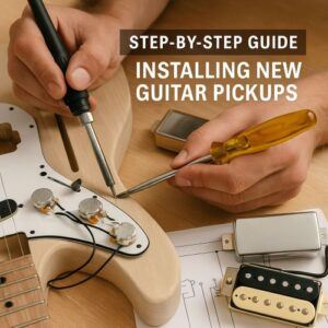 Builder carefully desoldering pickup wires from pots with screwdriver and soldering iron