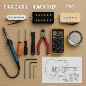 Flat lay of tools — soldering iron, screwdrivers, wire cutters, multimeter, wiring diagram, magnetic tray