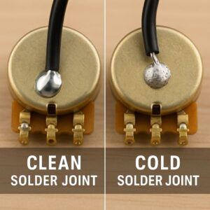 Side-by-side photo — good shiny solder joint vs dull cold solder joint, labeled
