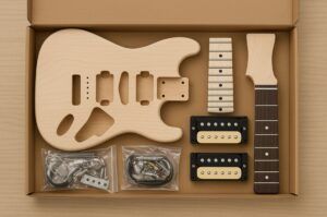 Boxed guitar kit with pickups visible beside the body cavities