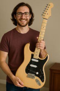 A builder proudly holding their completed guitar kit.