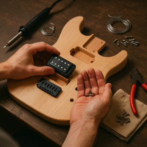 Builder’s hands arranging pickups beside a guitar kit body — soldering iron, screws, and cloth laid out.