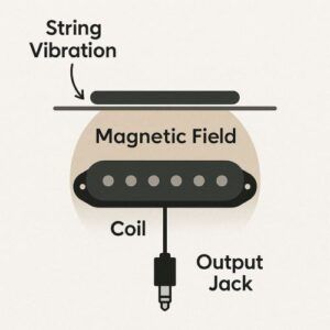 Simple labeled diagram showing string vibration above magnetic field → coil → output jack (visualizing how pickups convert vibration into signal).
