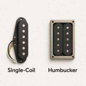 Split-view image: left shows bright Strat-style single-coil pickup, right shows a Les Paul-style humbucker — both labeled.