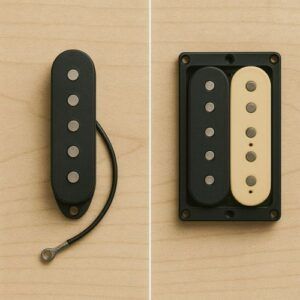 Two pickups side-by-side with text overlay labels “Alnico = Warm & Vintage” and “Ceramic = Hot & Punchy.