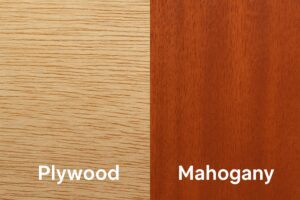 Close-up of wood grain comparison (cheap plywood vs. premium mahogany or maple).