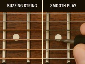Side-by-side — buzzing string vs. smooth play (close-up frets)