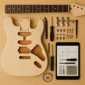 Kit parts spread out (body, neck, bridge, screws, tools