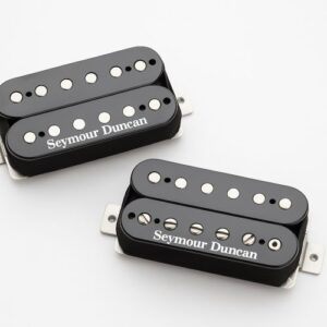 Black Seymour Duncan humbucker pickup set on a clean white background, showcasing polished pole pieces and mounting brackets in a close-up product-style layout.