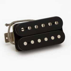 Studio close-up photo of a Seymour Duncan SH-1b ’59 Model neck humbucker pickup in black, showing the dual bobbins, pole pieces, metal baseplate, and braided vintage-style lead wire on a white background.
