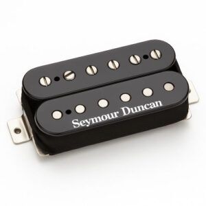 Close-up studio photo of a Seymour Duncan SH-4 JB Model bridge humbucker pickup in black, showing the dual bobbins, pole pieces, and metal mounting plate on a clean white background.