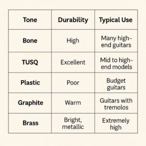 Tabular-style visual comparing Tone, Durability, and Typical Use across Bone, TUSQ, Plastic, Graphite, Brass.
