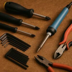 Essential hand tools: screwdrivers, soldering iron, Allen keys, wire cutters