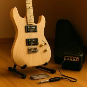 Small practice amp, cable, stand, and gig bag next to a finished guitar