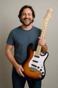Builder smiling and holding completed kit guitar