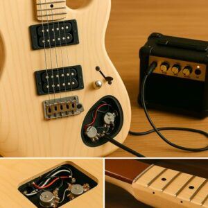 Open control cavity with pickups wired in, cable plugged into small practice amp → shows the “test before closing up” step.