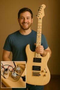 Happy builder holding completed kit guitar proudly → same theme we used in other guides, reinforces reward at the end.